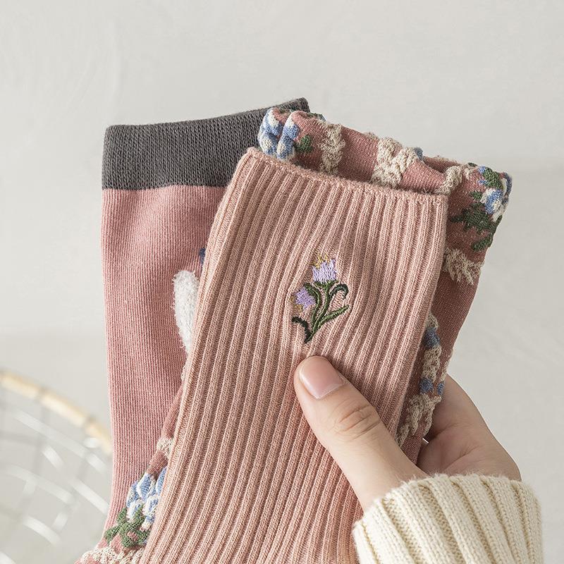 Cute Pink Flower Embroidery Socks for Women | Kawaii Retro Style