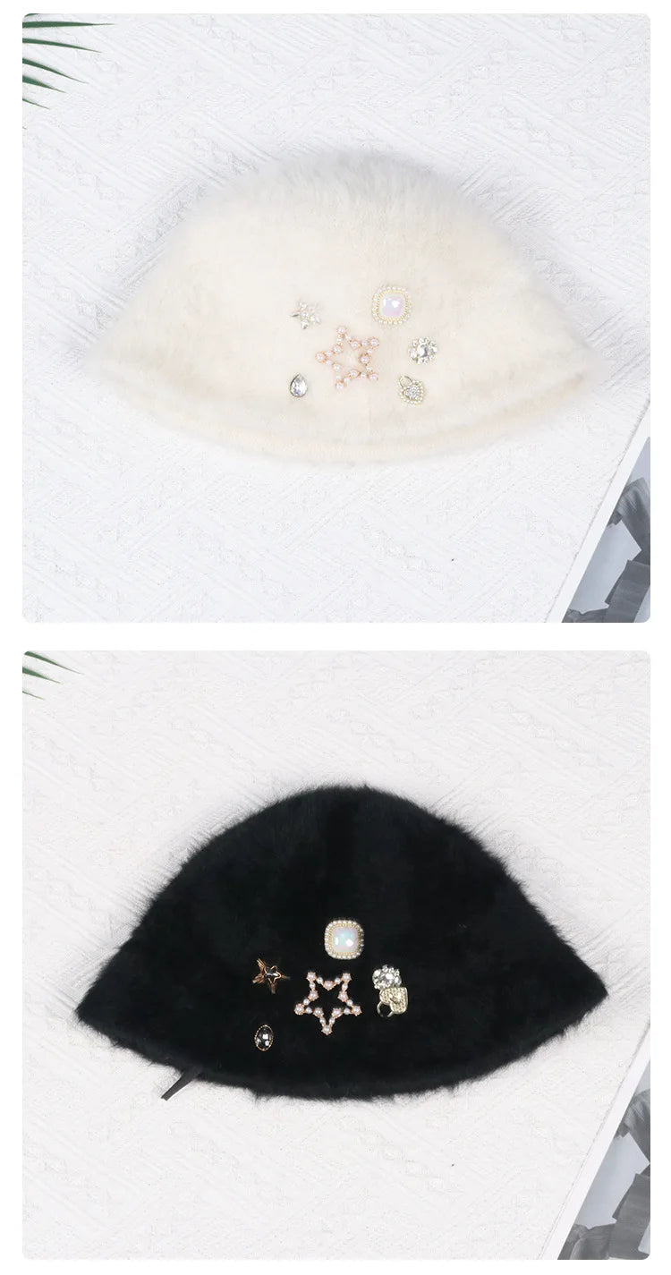 Oversized Rhinestone Rabbit Fur Bucket Hat | Stylish Warm Winter Cap