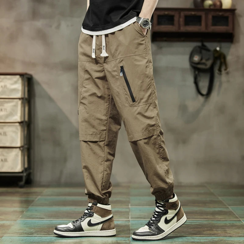 Men's High Waisted Cargo Trousers with Drawstring & Pockets