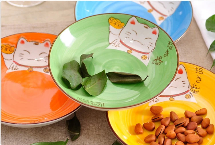 Multi-Color Cartoon Lucky Cat Round Ceramic Plate | Joyful Dining