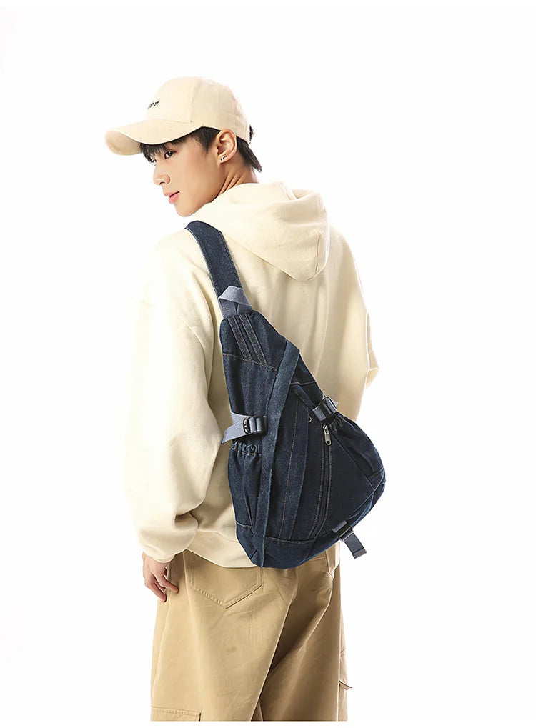 Vintage Washed Denim Sling Bag Man Woman Multifunction Retro Large Capacity Portable Motorcycle Chest Bag