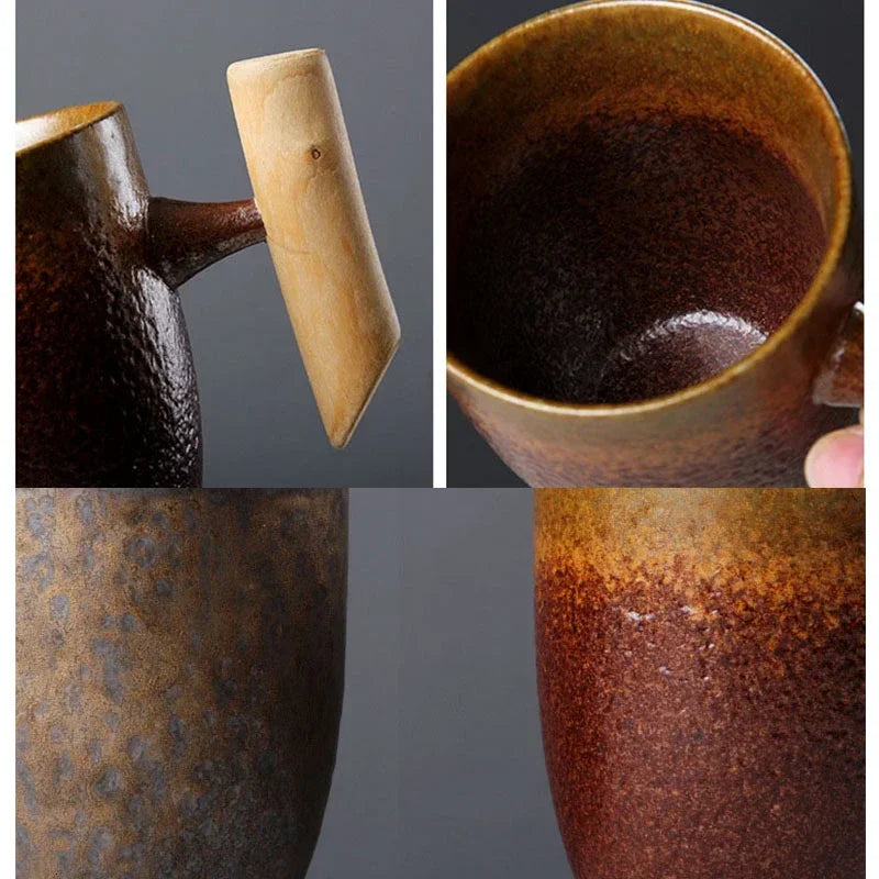 Vintage Ceramic Tea Cup Set with Wooden Handle | Elegant Drinkware