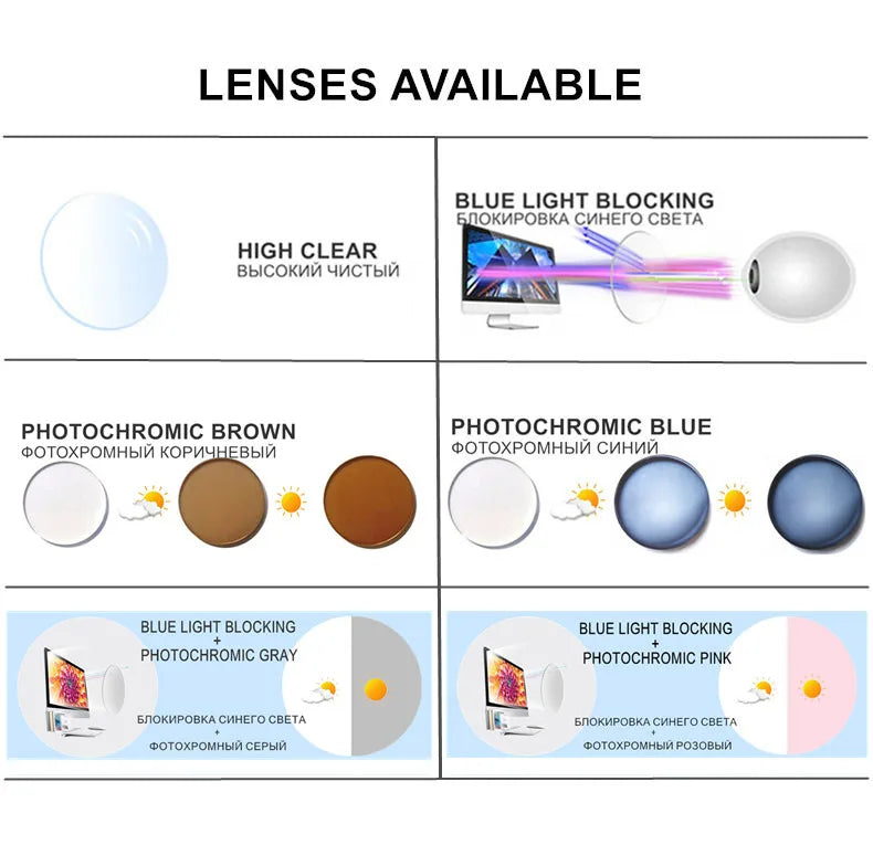 Custom Myopia Glasses with Blue Light Blocking & Photochromic Lenses