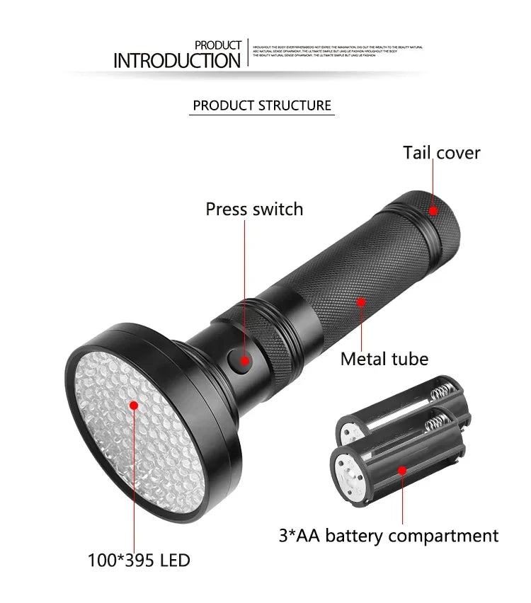 100 LED UV Flashlight | Powerful Ultraviolet Detection Torch