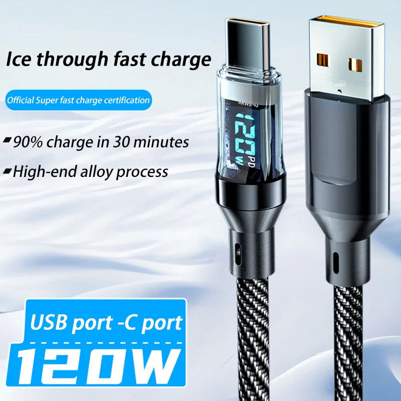 Cable A-C and C-C With Led Digital Display Cable Max 120W Super Fast Charge Cable For Xiaomi 17 Huawei Samsung iPhone Oneplus