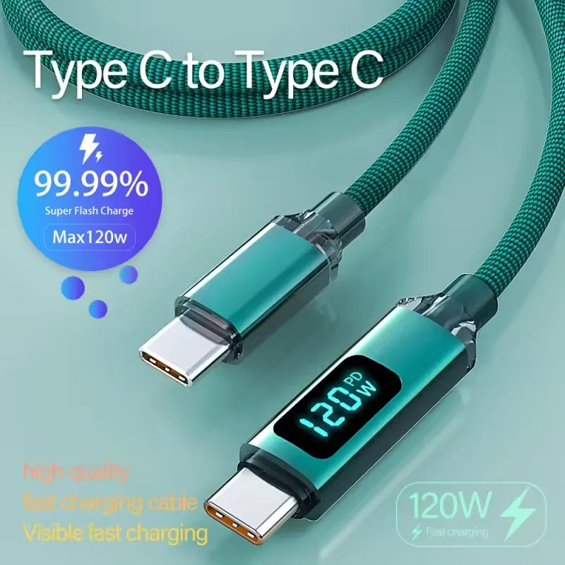 120W USB A to Type C Fast Charging Cable with LED Display