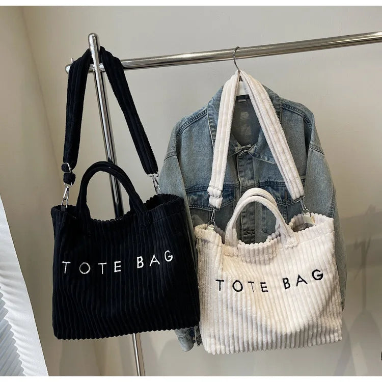Bolso de mano de terciopelo a rayas de gran capacidad | Bolso tote elegante y versátil