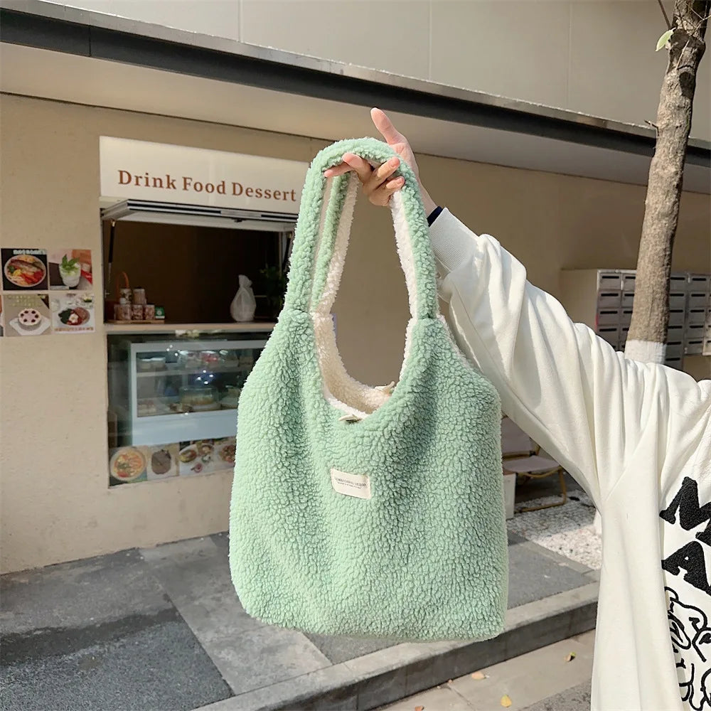 Reversible Plush Shoulder Bag for Women | Warm Fabric Tote