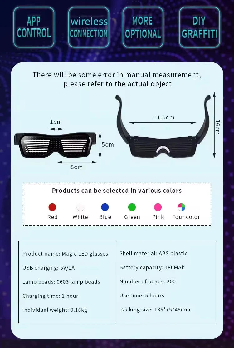 Bluetooth LED Glasses | Rechargeable Smart Glasses for Parties
