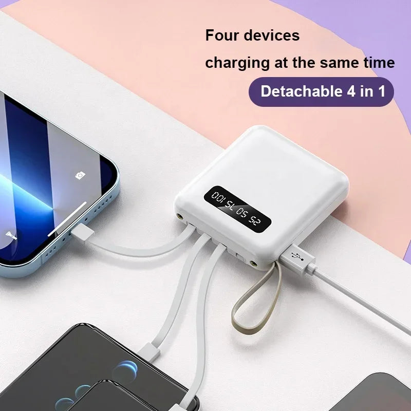 High-Capacity Mini Power Bank with LED Display & Built-in Cable