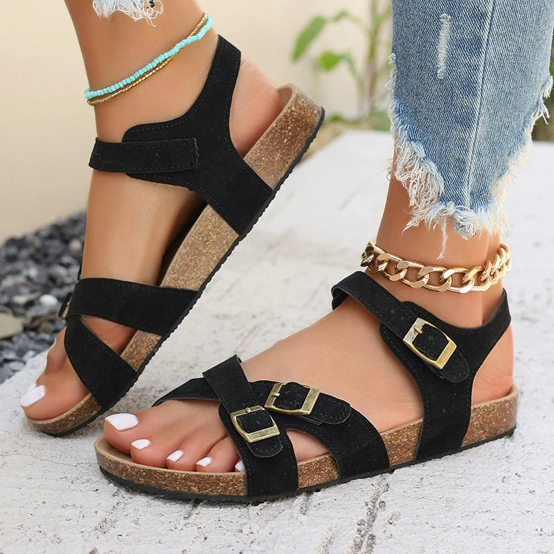 Retro Buckle Strap Cork Sandals Women 2025 Summer Cross Strap Flat Sandals Woman Brand Design Comfortable Non Slip Beach Shoes