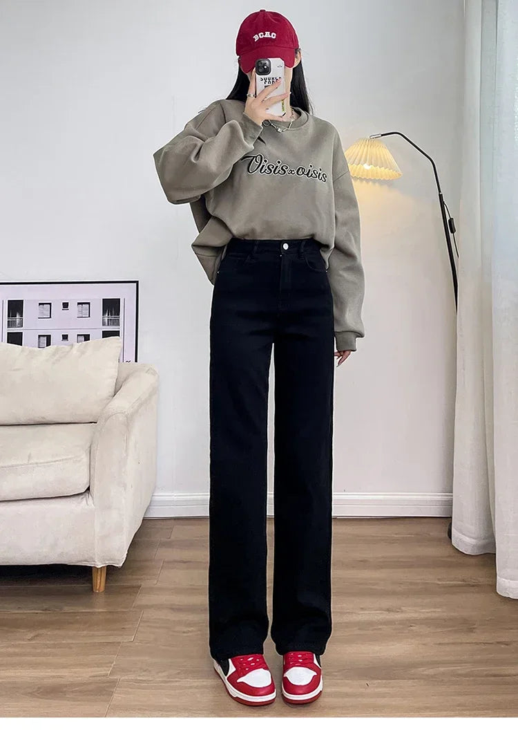 Women's Thickened Velvet Straight Jeans | Warm Fleece Pants