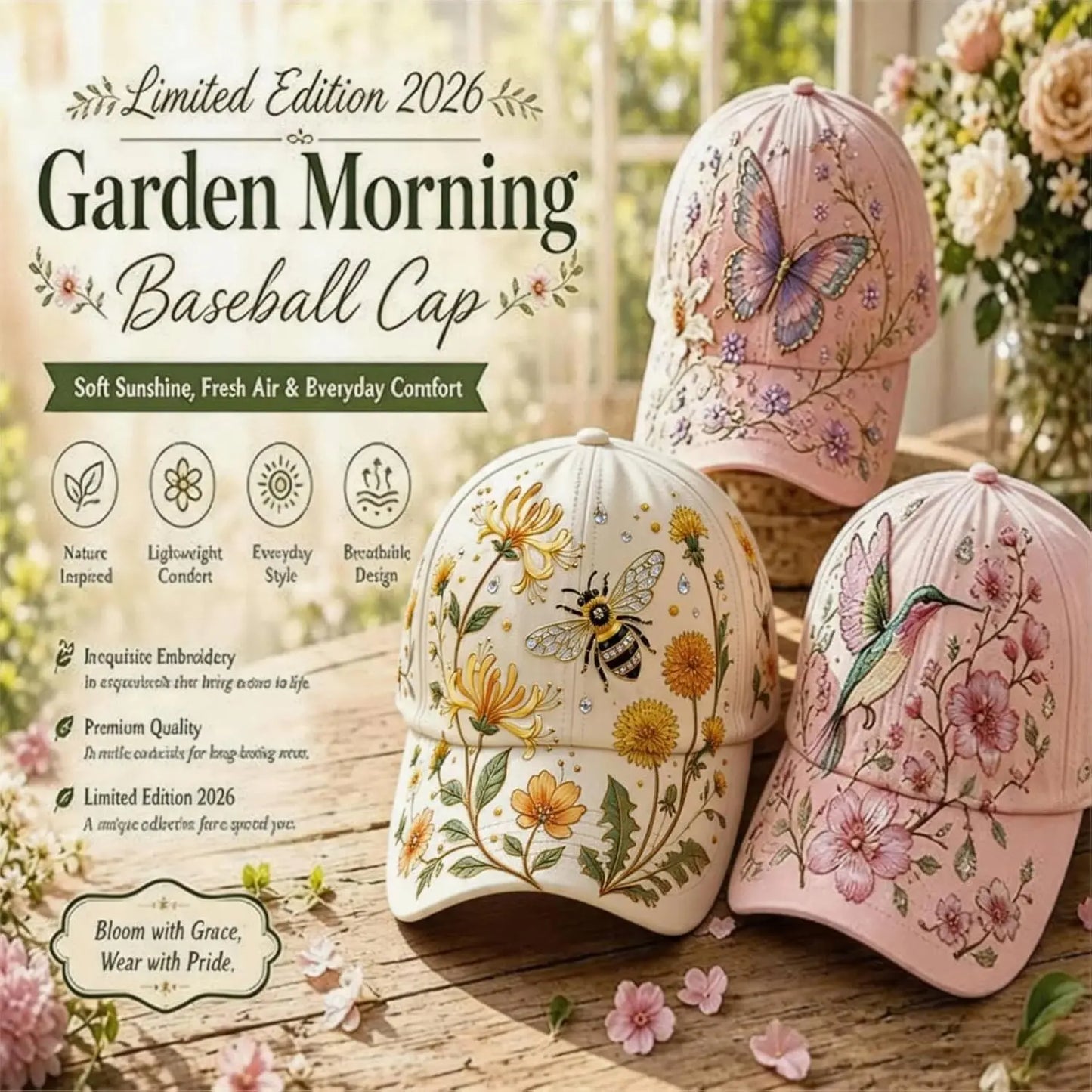 Limited Edition Garden Morning Cap | Adjustable Botanical Hat for Women