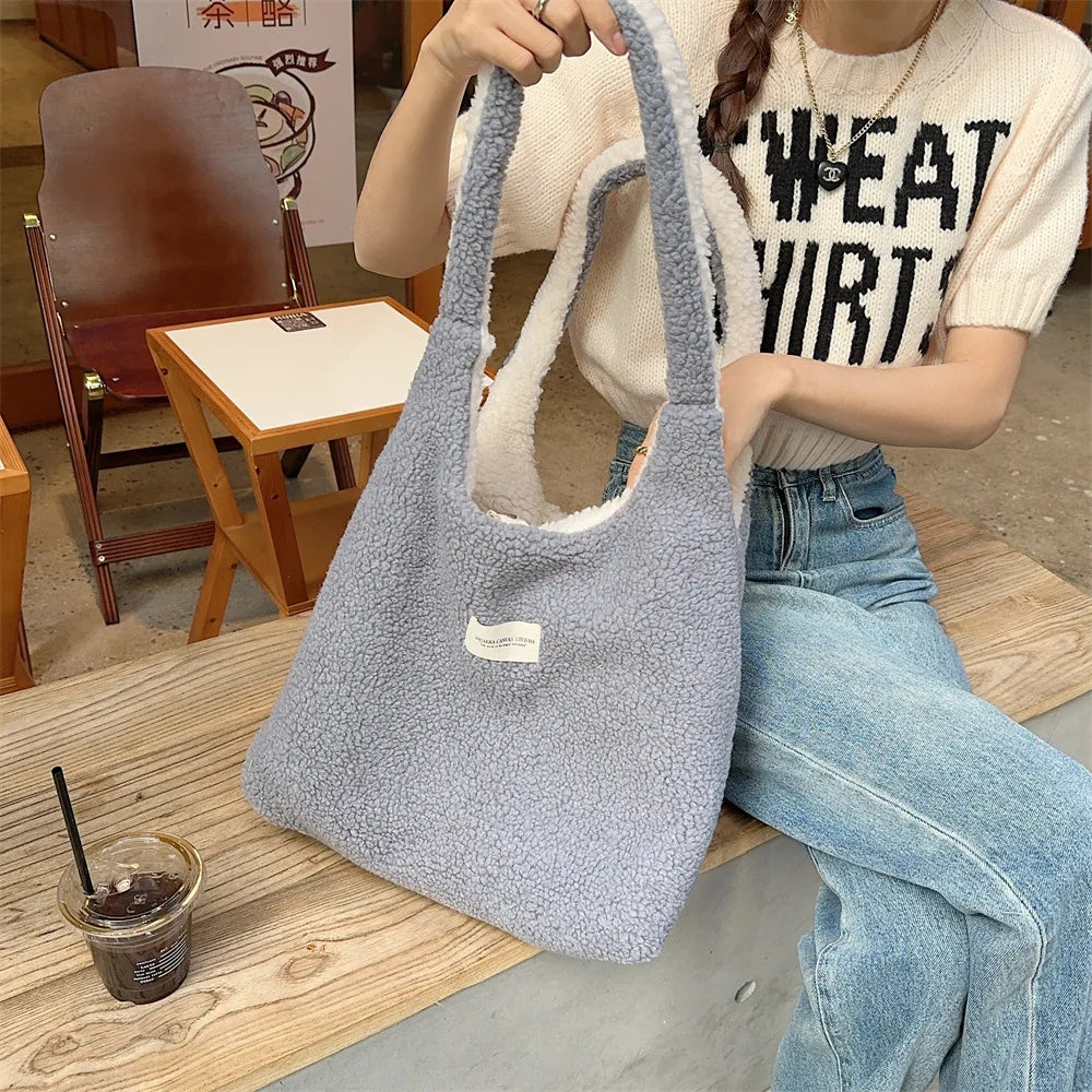 Reversible Plush Shoulder Bag for Women | Warm Fabric Tote