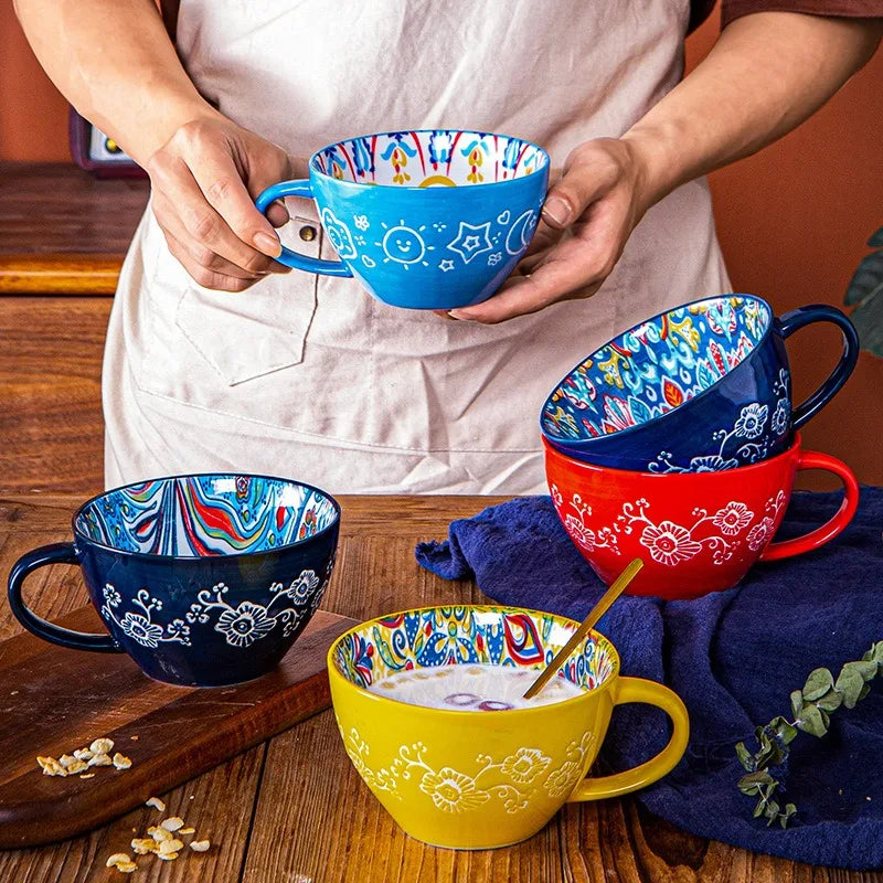 Large-Capacity Bohemian Ceramic Breakfast Cup | Stylish Oatmeal Mug