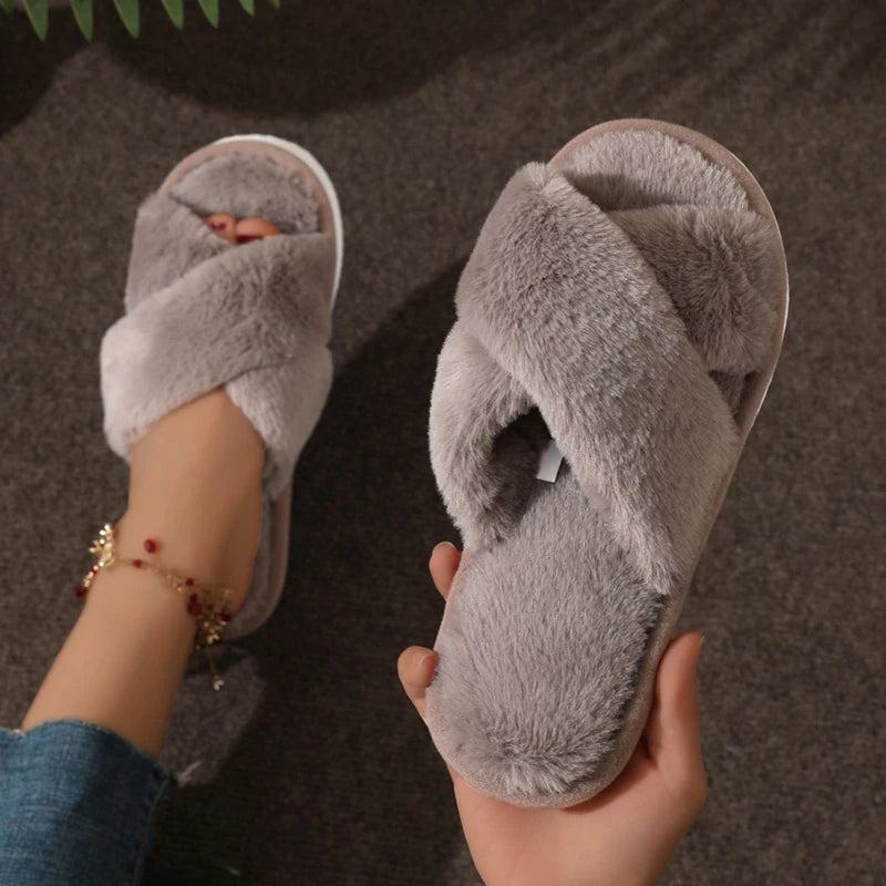 Women's Cross Band Fluffy Plush Slippers | Cozy Indoor House Shoes