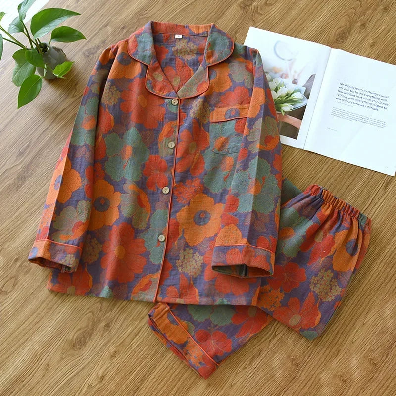 2026 Japanese Spring and Autumn New Women's Pajama Set 100% Cotton Vintage Long sleeved Pants Two Piece Set for Home Furnishings