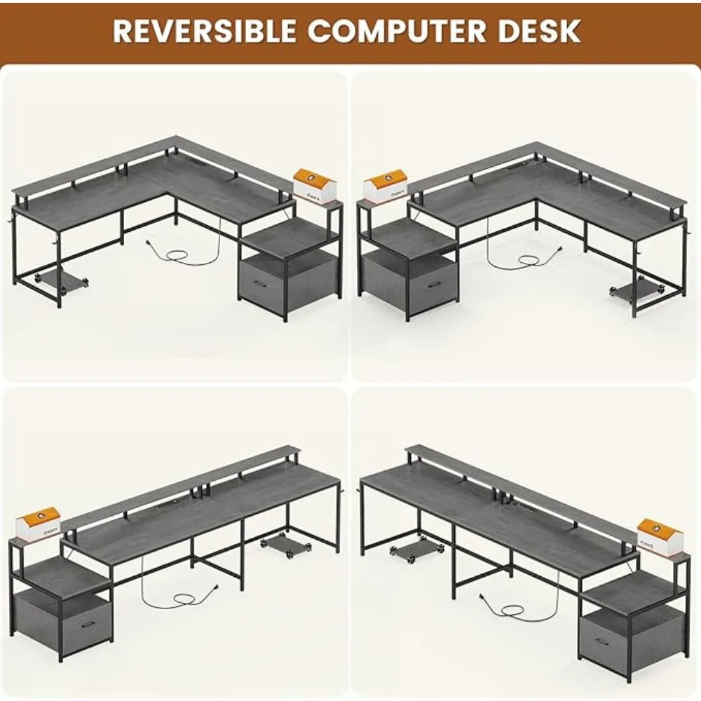 66" Gaming Desk | Corner Home Office Desk with Storage & LED Lights