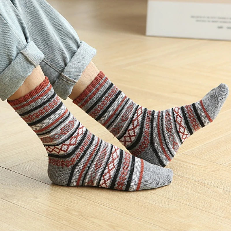 Men's Thick Cotton Mid Tube Socks | Warm Retro Ethnic Stripes