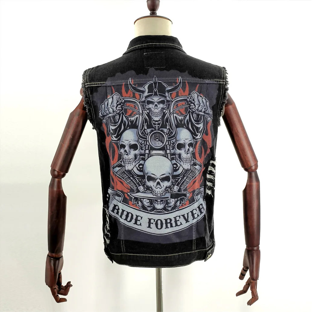 Men's Retro Denim Motorcycle Vest | Stylish Sleeveless Jacket