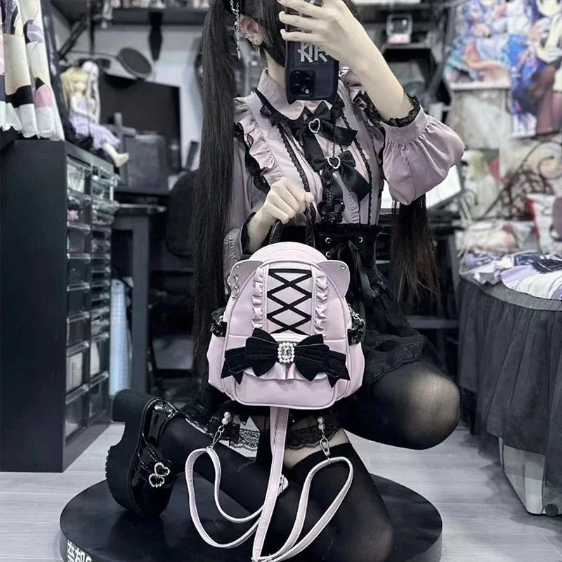 Mochila de piel sintética con orejas de gato y encaje | Elegante bolso de viaje