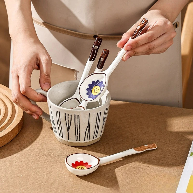 Cuchara de cerámica linda para sopa | Accesorio de cocina estilo japonés Kawaii