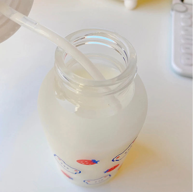 Kawaii Strawberry Bear Glass Water Bottle | Cute & Eco-Friendly
