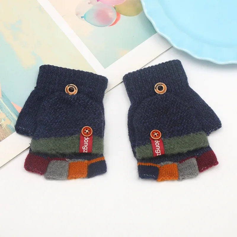 Kids Half Finger Flip Gloves | Warm Jacquard Design for Winter
