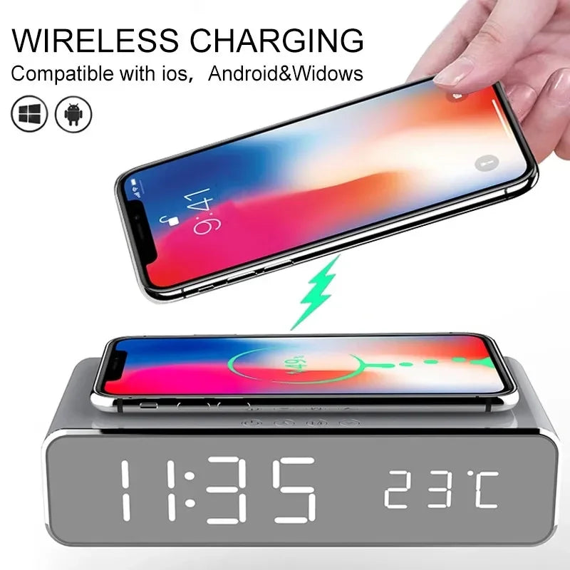 5W Wireless Charger Alarm Clock — Multifunction LED Digital Clock with Thermometer, Time Display & Fast Charging Dock for iPhone, Samsung & Qi-Compatible Phones