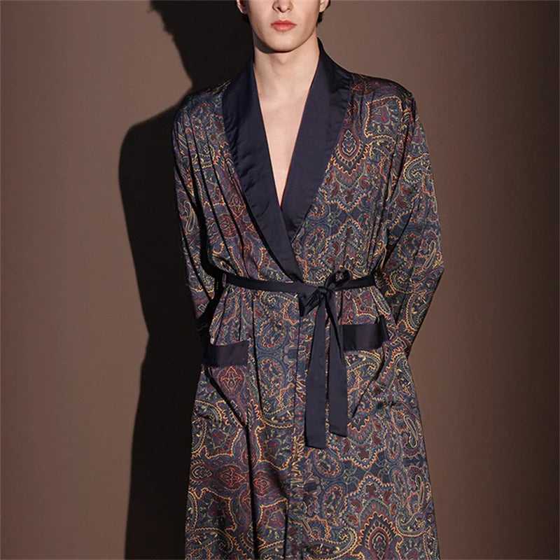 Spring Summer New Mens Robe Printed Bathrobe Kimono Gown Silky Satin Male Sleepwear Night Clothes Loose Casual Homewear Pajama