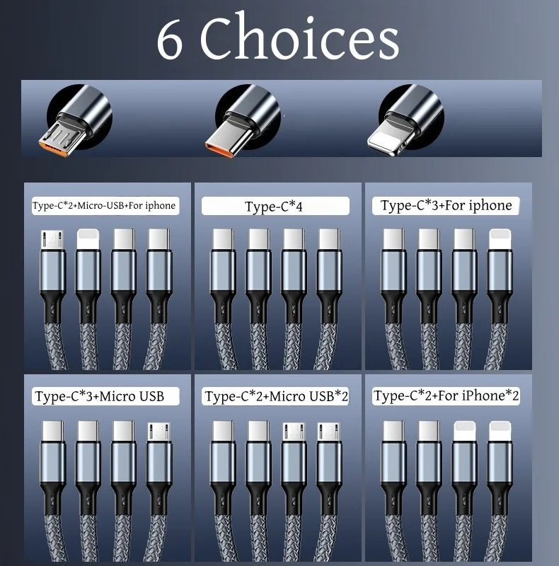 4-in-1 Multifunctional Charging Cable Supports USB-A to USB-C, Micro USB, and Braided Cables for Charging Multiple Devices