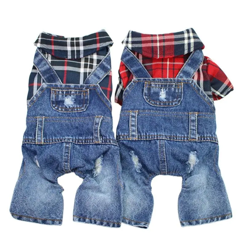 Stylish Pet Denim Plaid Jumpsuit Hoodie | Perfect for Spring & Autumn