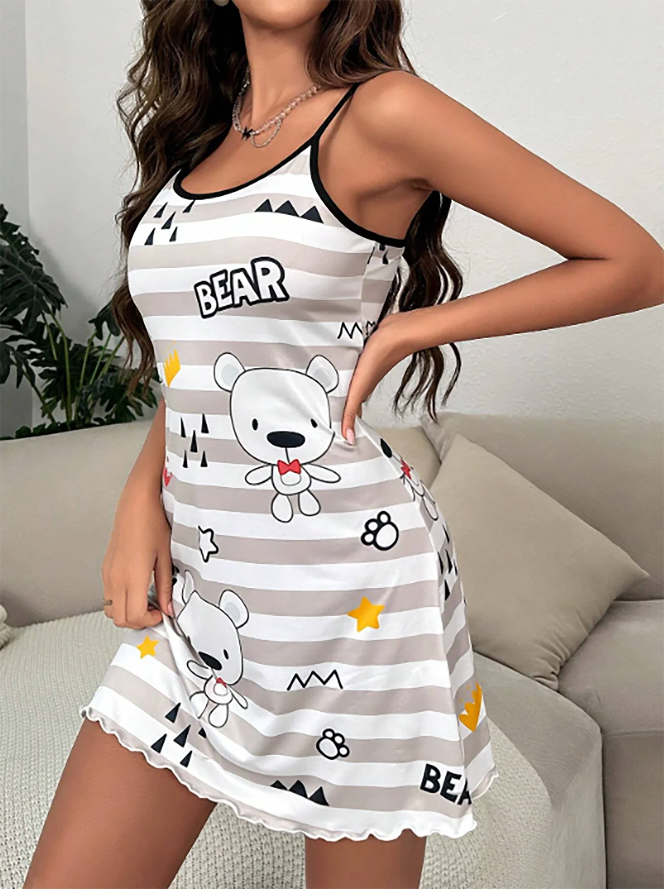 Cute Mini Night Dress with Bear Print for Cozy Lounging