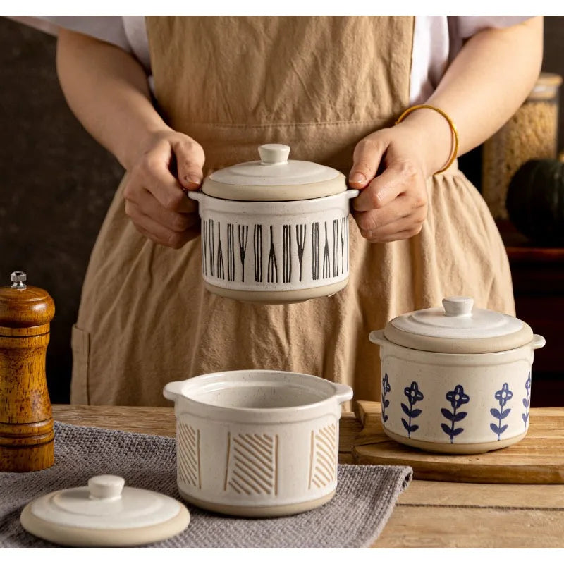 Olla para guisar de cerámica rústica japonesa | Vajilla de cerámica ecológica para horno