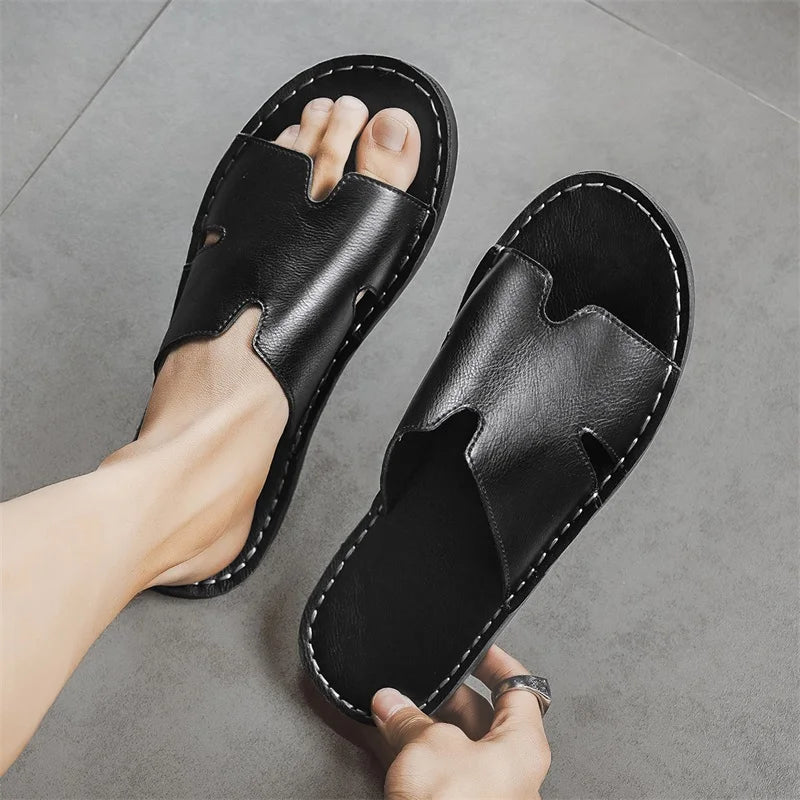 Men's Luxury Leather Slippers | Non-Slip Casual Wear for Summer