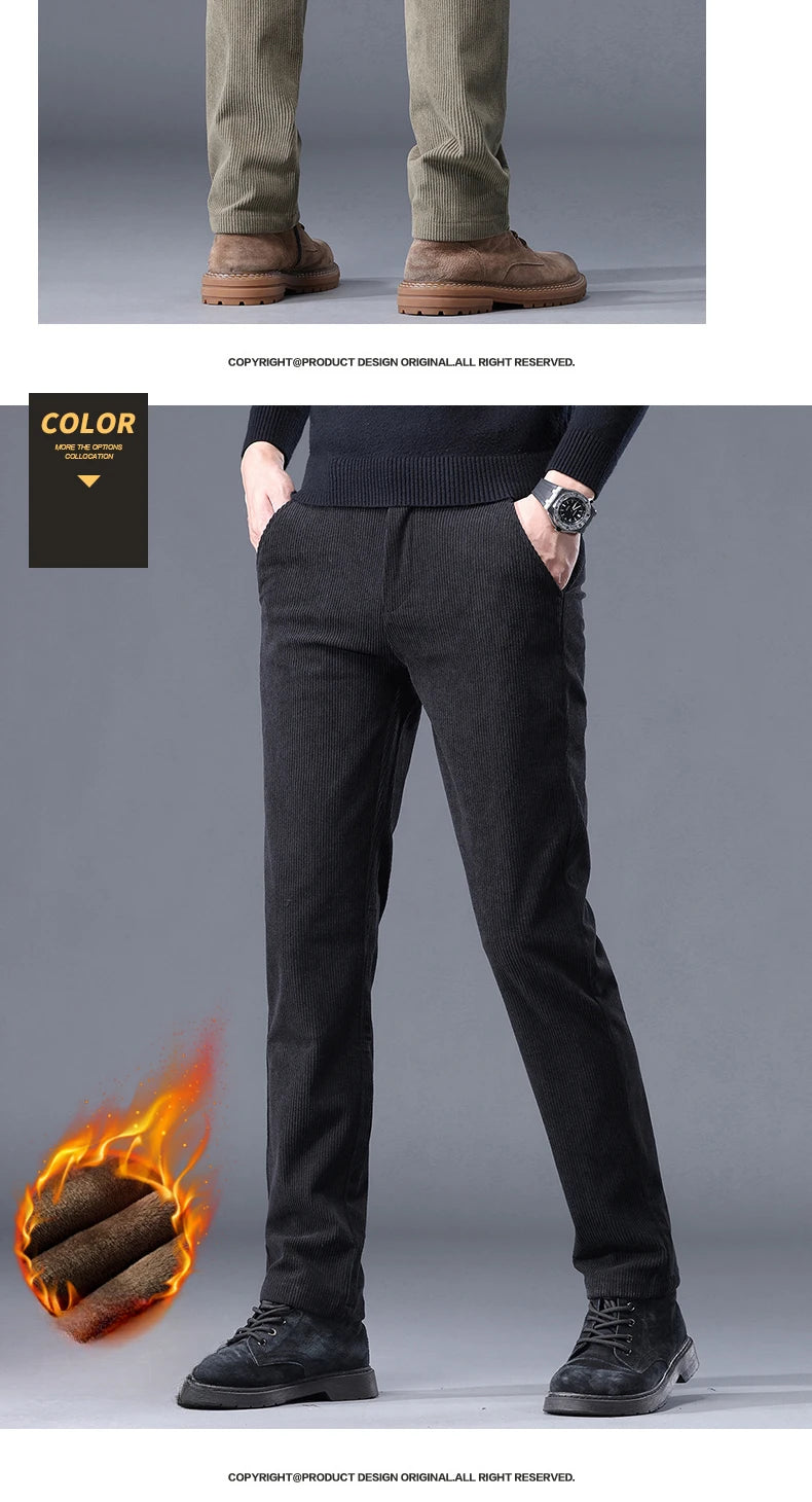 Men's Thick Fleece Corduroy Pants | Winter Warm Business Casual Trousers