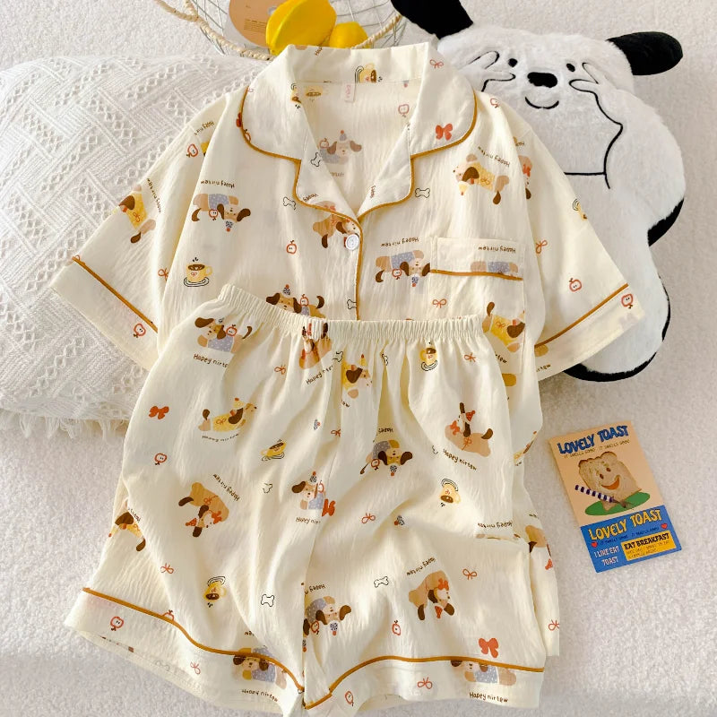 Casual Summer Women's Pajamas Set | Cute Cat & Dog Print Sleepwear
