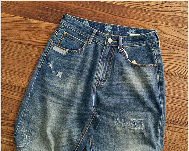 Men's Ripped Vintage Jeans | Casual Heavy Straight Leg Denim