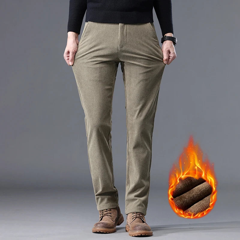 Men's Thick Fleece Corduroy Pants | Winter Warm Business Casual Trousers