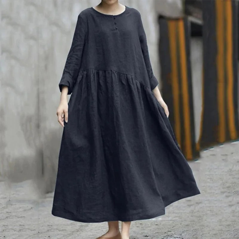 Women's Asymmetrical Cotton Linen Long Dress | Stylish Autumn Wear
