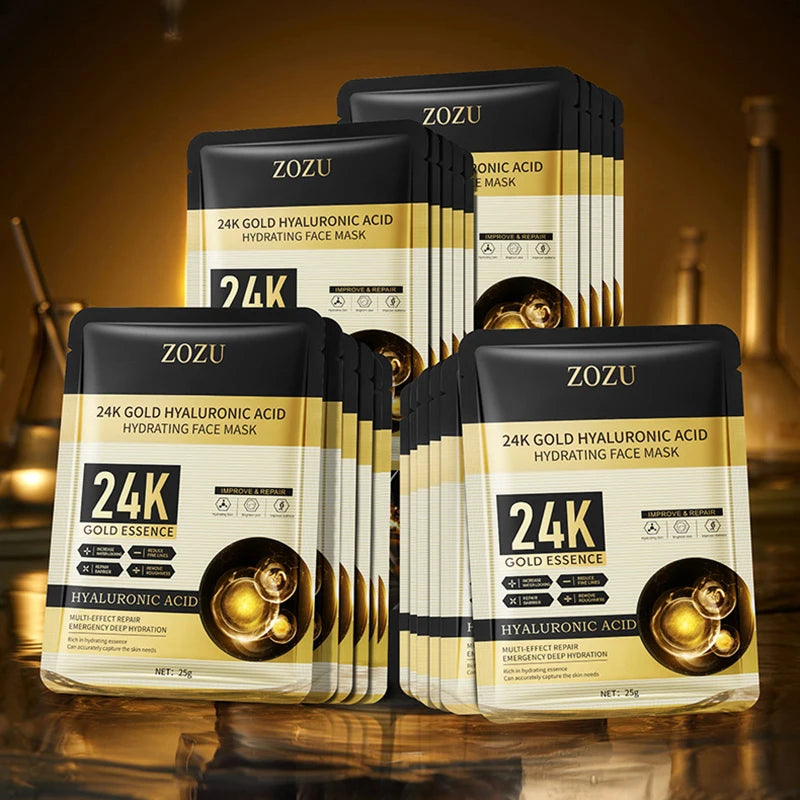 10pcs 24K Golden Hyaluronic Acid Face Masks for Glowing Skin