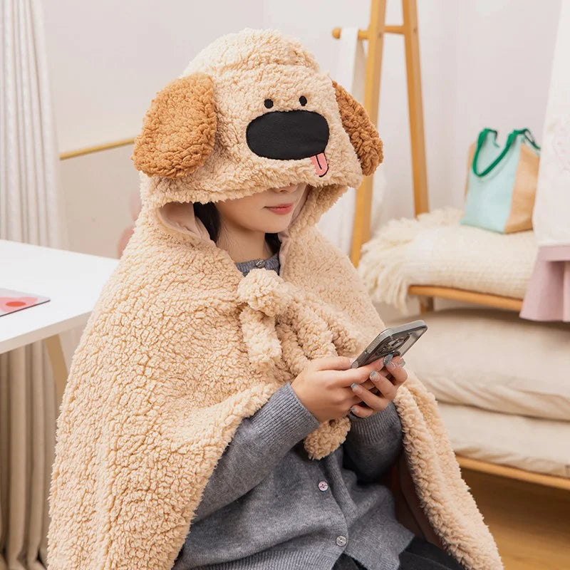 Cartoon Puppy Plush Blanket Toy – Warm Cozy Dog Hat Blanket, Soft Stuffed Plush with PP Cotton, Big Size 110×110cm, Cute Winter Office Companion, Birthday & Christmas Gift