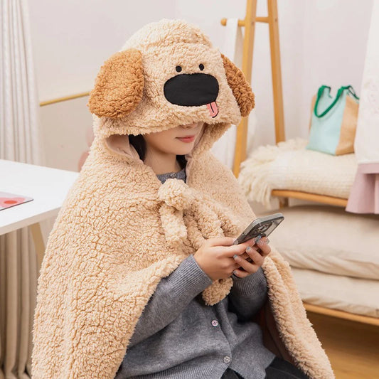 Cartoon Puppy Plush Blanket Toy – Warm Cozy Dog Hat Blanket, Soft Stuffed Plush with PP Cotton, Big Size 110×110cm, Cute Winter Office Companion, Birthday & Christmas Gift