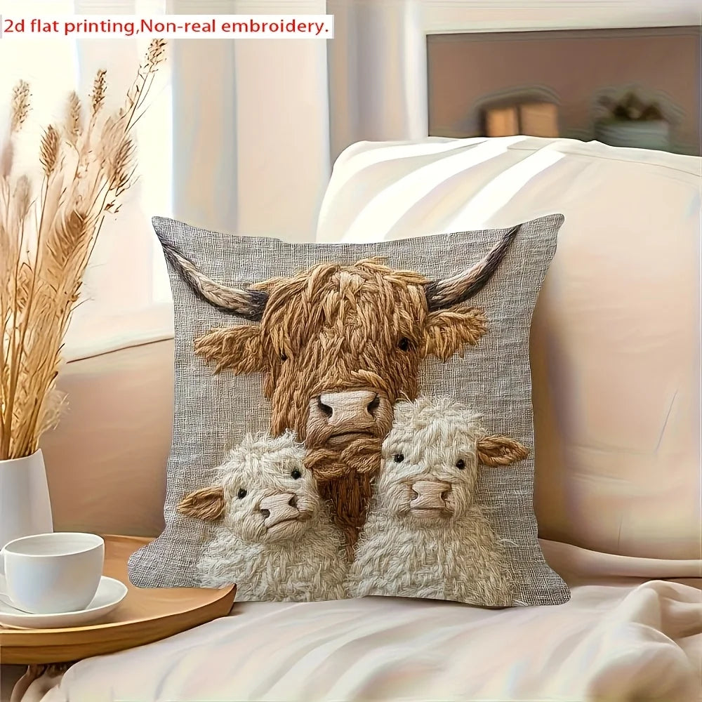 Retro Highland Cow Pillowcase | Decorative Home Design Cover