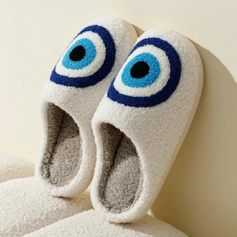Women's Blue Evil Eye Plush Slippers | Cozy Indoor Nazar Shoes