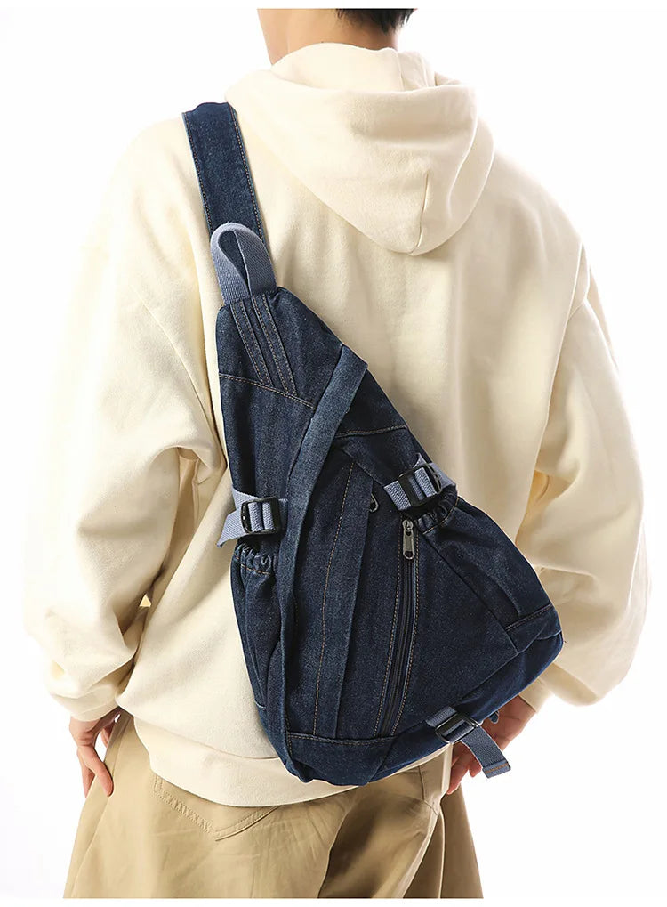 Vintage Washed Denim Sling Bag Man Woman Multifunction Retro Large Capacity Portable Motorcycle Chest Bag