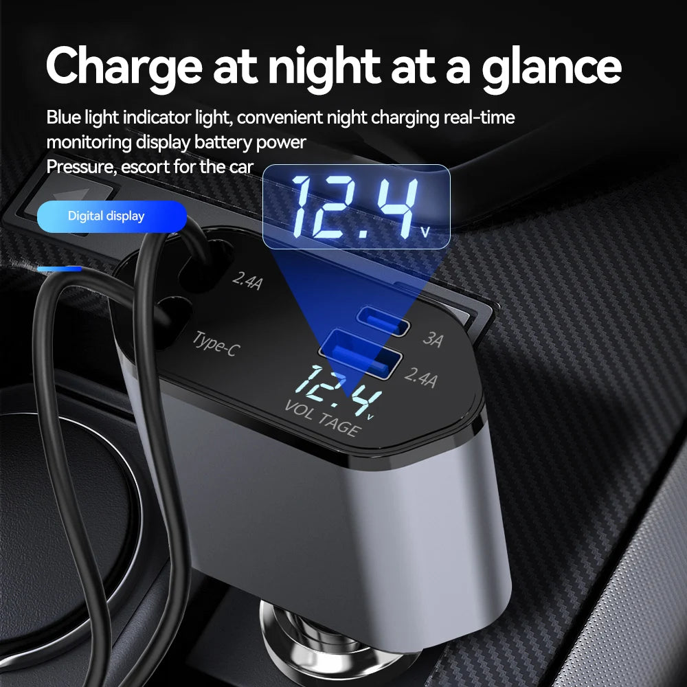 120W 4-in-1 Car Charger | Fast Retractable Charging Adapter