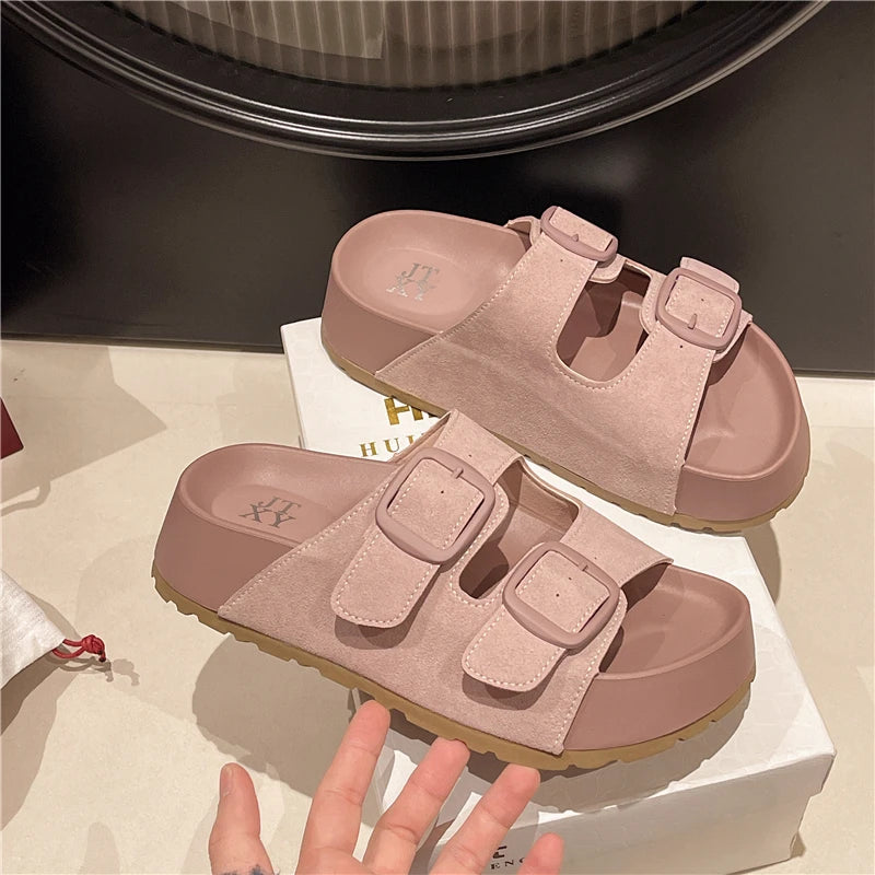 Comfortable Summer Women Slippers with Retro Buckle Design