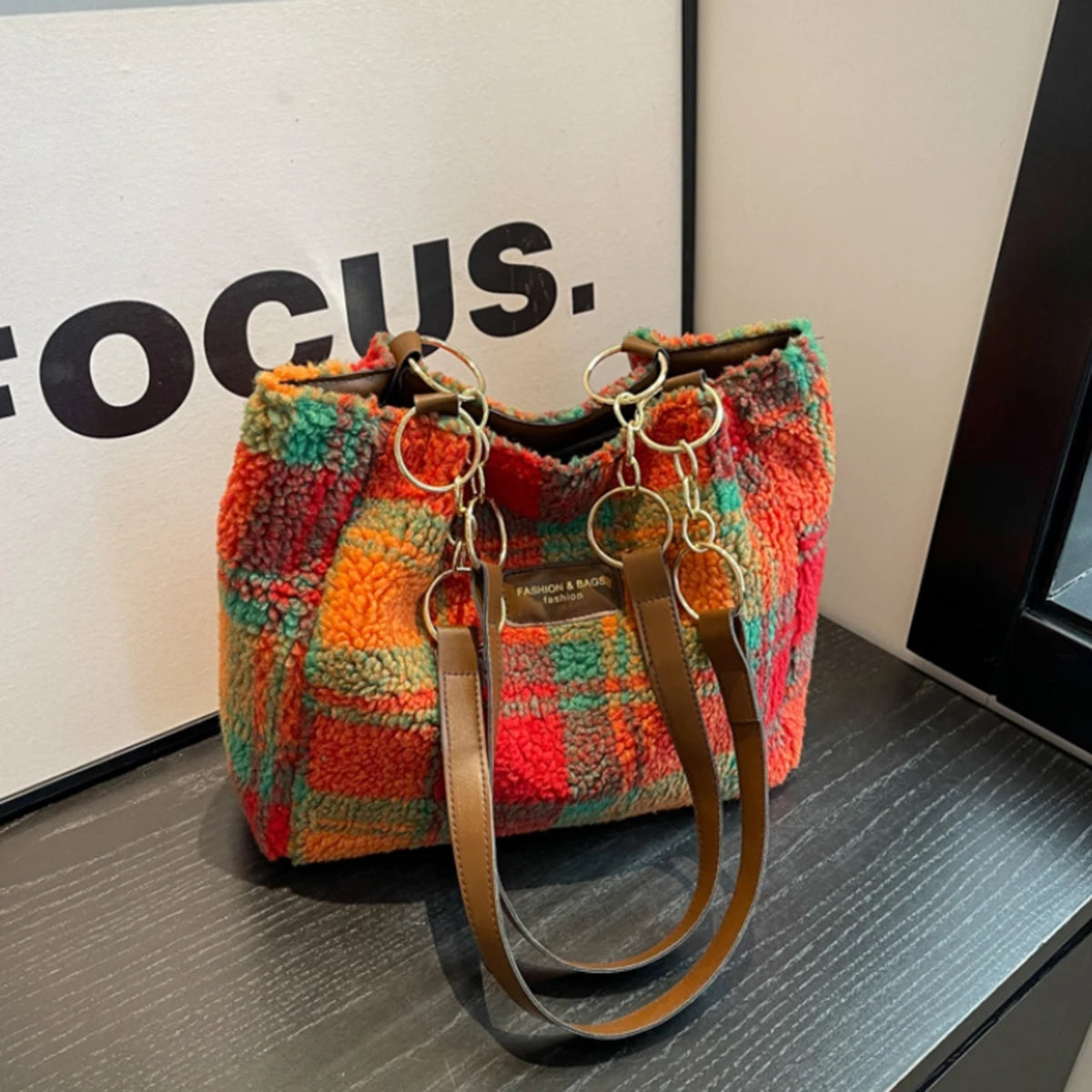 Stylish Red Plaid Plush Tote Bag | Versatile Fashion Shoulder Bag