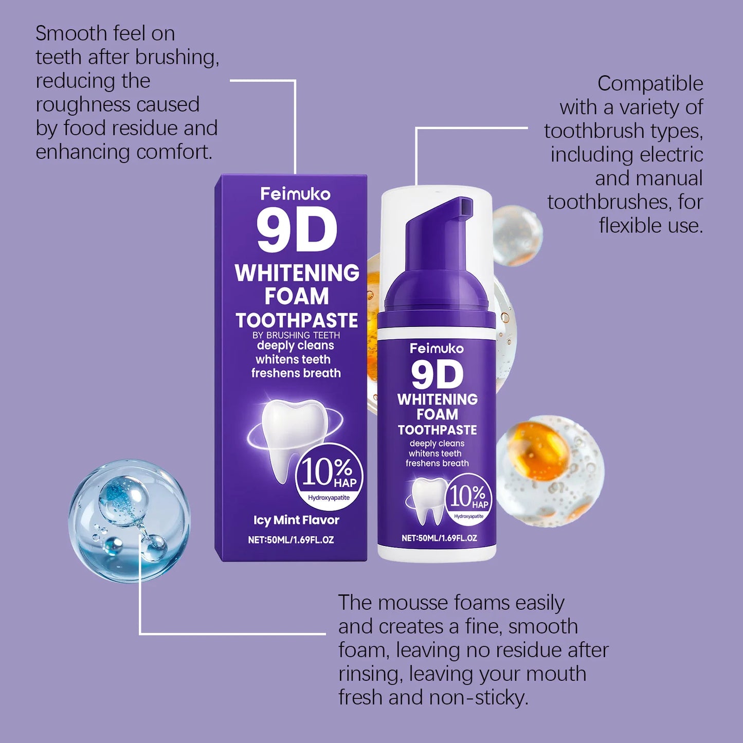 9D Purple Tooth Mousse WHITENING FOAM TOOTHPASTE 10% Hydroxyapatite Fresh Breath Travel Teeth Whitening Stain Removal Oral Care